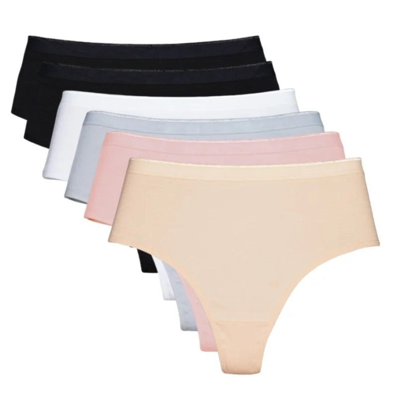 6 Pack Women's High Waisted Thong Cotton Underwear Ribbed Soft Breathable Panties Soft Stretch Intimates Sexy Lingerie S-XL