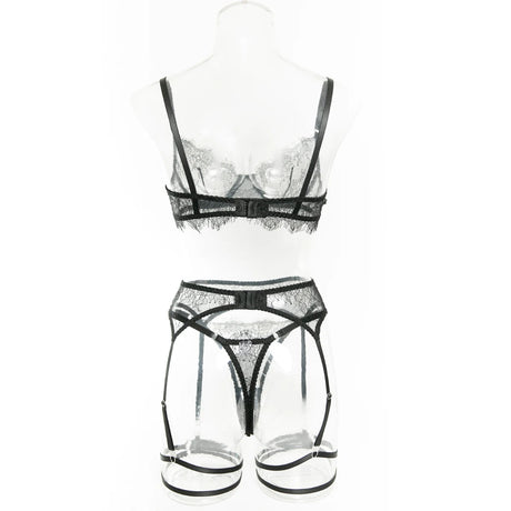 Women's Pink Floral Lace Sheer Lingerie Set See-Through Push-Up Bra Waist Cincher with Garter Belt Thong Intimate Erotic Outfits