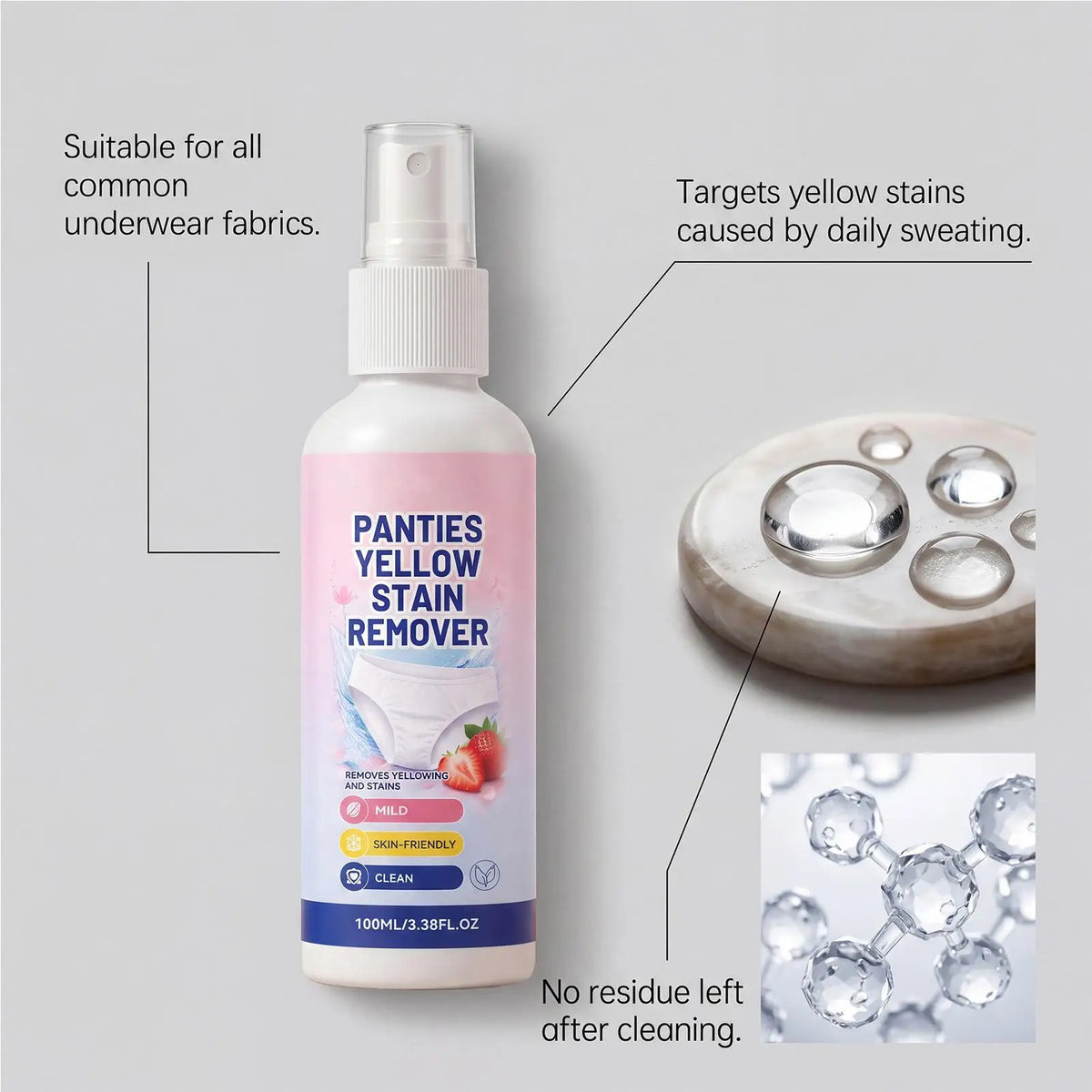 Underwear Stain Remover Spray 100ml Blood Secretion Yellow Spot Cleaner Gentle Skin Safe No Scrub Laundry Detergent for Lingerie