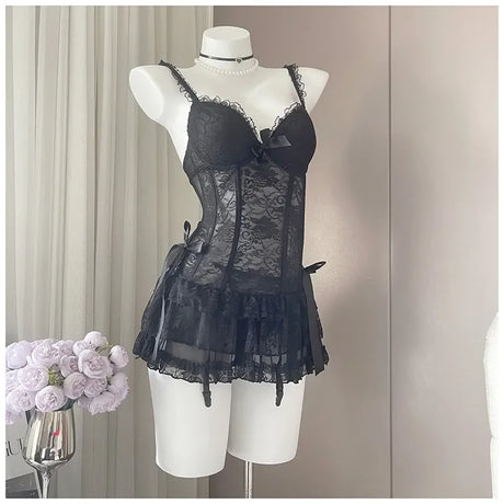 French Sexy Lace Nightdress Summer Women's Corset Gather Suspenders Pajamas with Chest Pads See Through Mesh Lace Loungewear