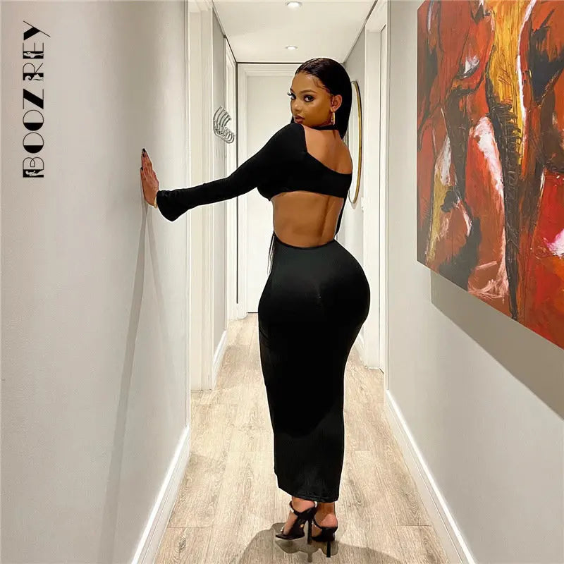 BoozRey Sexy Hipster Midi Dress Women Cleavage Hollow Backless Full Sleeve Solid Party Robe Female Slim High Street Attirewear