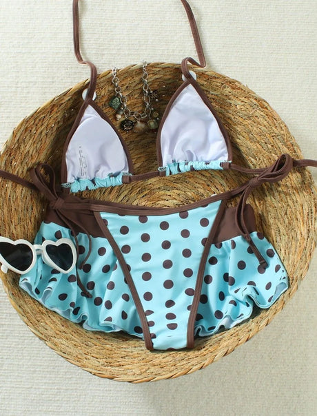 Vintage Polka Dot 3 Piece Bikini Set, Button Trim Ruffle Skirt Cover Up Halter Triangle Swimsuit