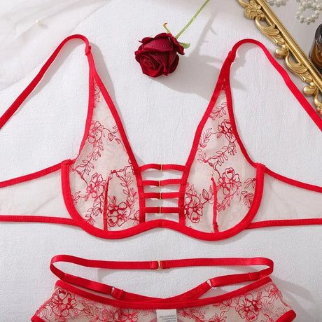 Women's Red Floral Embroidered Lingerie Set 4 Piece Underwire Bra Garter Belt Panty Stockings Sexy Nightwear Set Elegant Trendy