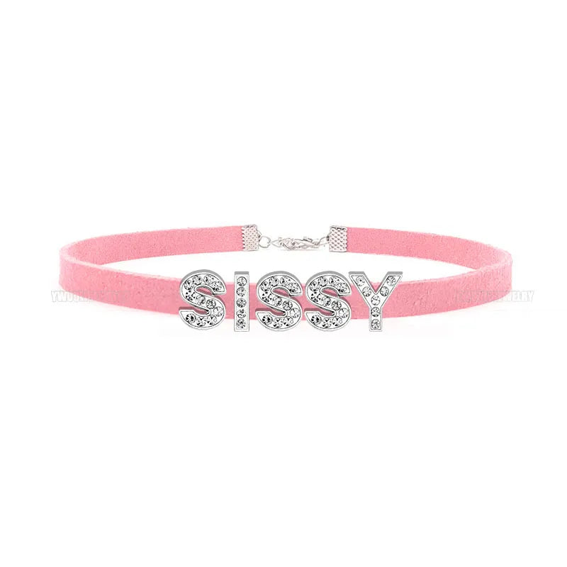 Sexy Rhinestone Letters Hotwife Collar Choker for Women Men DIY Customized Necklaces Pink Suede Leather Cosplay Jewelry Gift