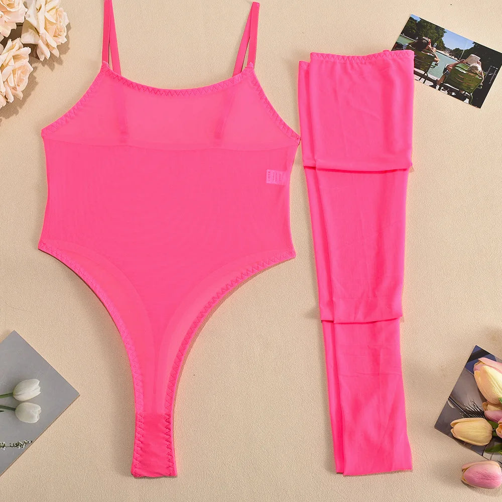 Toucheart Erotic Dress with Leg Socks Mesh See-through Patchwork Seductive Body Shaping Backless Women Intimate Hollow Dress Set