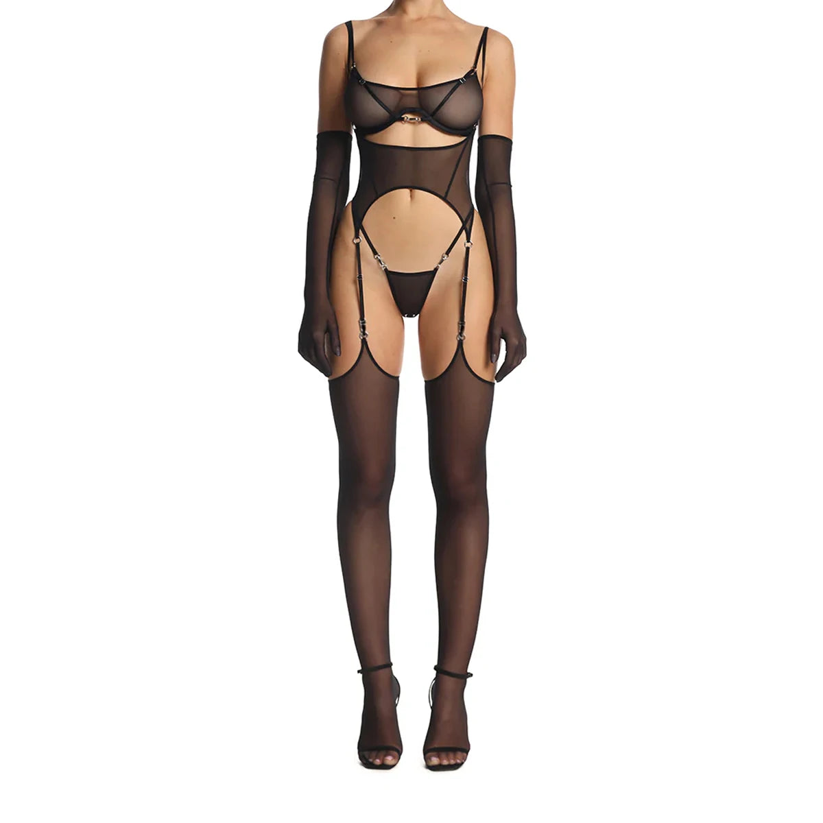 Ellolace Solid Women's Lingerie Sets Seductive See Through Bra Belt Thong 3PC with Gloves Stockings Sissy Sexy Women's Underwear