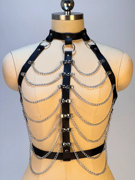 Women Gothic PU Leather Chest Harness Belt with Chain Bra Strap Adjustable Punk Y2K Body Harness Festival Layering Accessory