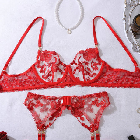 Heavy industry embroidery sequin red slim fit perspective high-end splicing gemstone decoration sexy lingerie four piece set