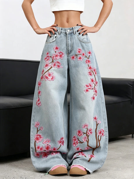 American Retro Plum Blossom Embroidery Design Blue Women's Loose Wide-Leg Jeans Y2K Street Fashion Versatile Straight Trousers
