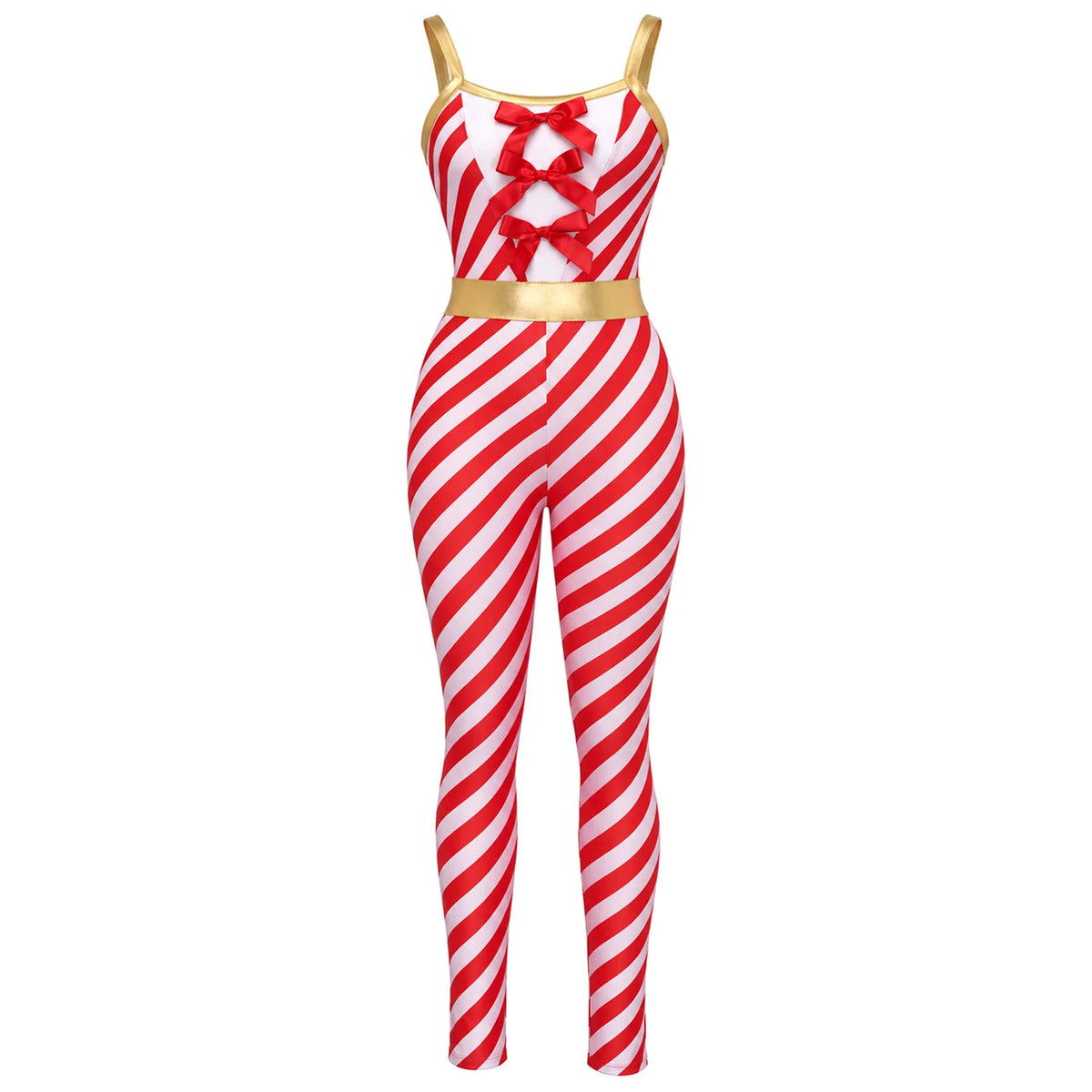 Christmas Candy Cane Women Cosplay Jumpsuit Gold Waistband Spaghetti Strap Romper Holiday Fancy Dress Xmas Themed Party Costume