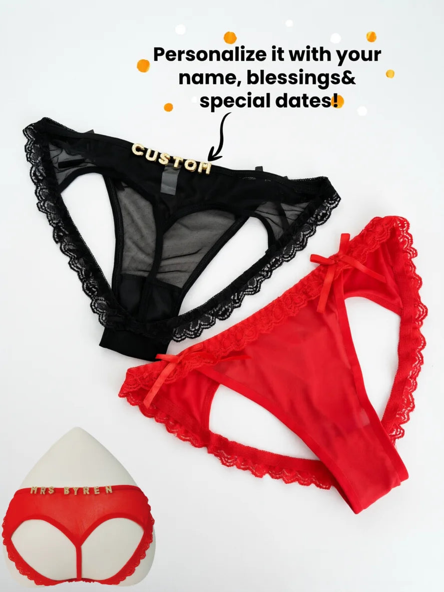 Custom Rhinestone Letter Name Underpants Sexy Mesh Panties Low Rise Hollow Hip Briefs Personalized Gift Wife Lover Anniversary