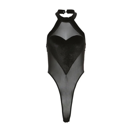 Flocking Heart Sexy Bodysuit Lingerie See Through Mesh One-pieces Body Feminino Sleeveless Bustier Black Tops Women Neck-mounted