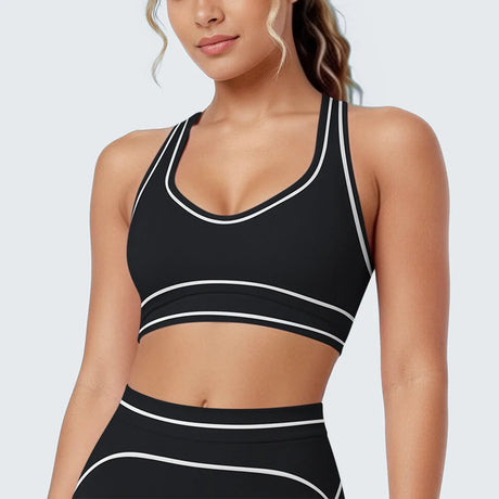 Women's Yoga Bra Vest Fitness Tank Running Workout Gym Top Push Up Padded Soft Slim Contrast Piping Racerback Sports Underwear