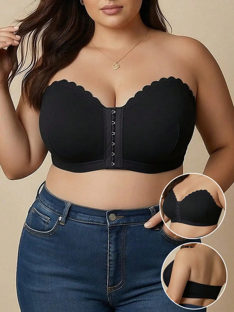 Summer Thin Black Strapless Front-Clasp Bra, Curve Large-Size Underwear, Wireless Bra Bandeau, Comfortable Single Bra Piece