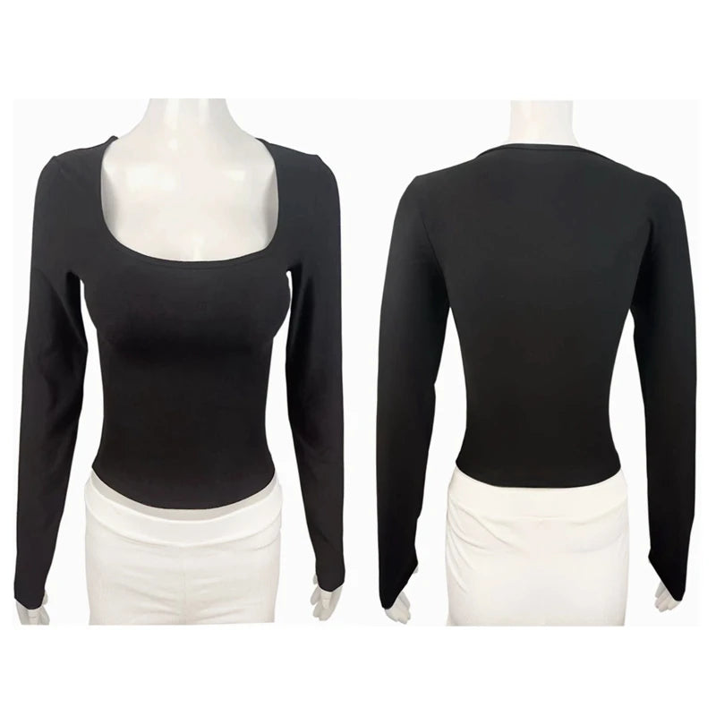 Long Sleeve T-shirt Slim Tops Sexy Woman Clothing Square-Cut Collar Close-fitting Tee Shirt Street Wear Fall 2025 New 2523