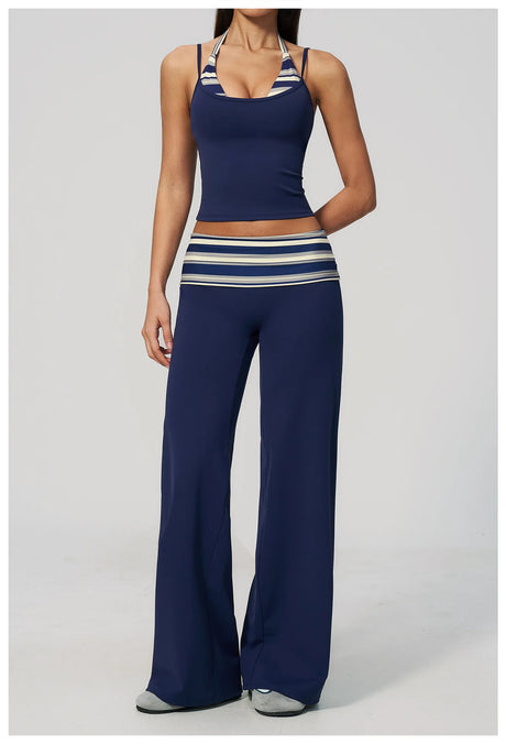 Fashion Polka Dot And Striped Wide Leg Pants For Women Fold Over Waist Bell-bottoms Flare Yoga Pants Push Up Workout Leggings