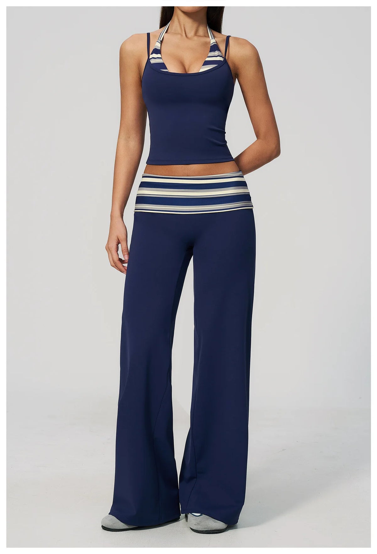 Fashion Polka Dot And Striped Wide Leg Pants For Women Fold Over Waist Bell-bottoms Flare Yoga Pants Push Up Workout Leggings