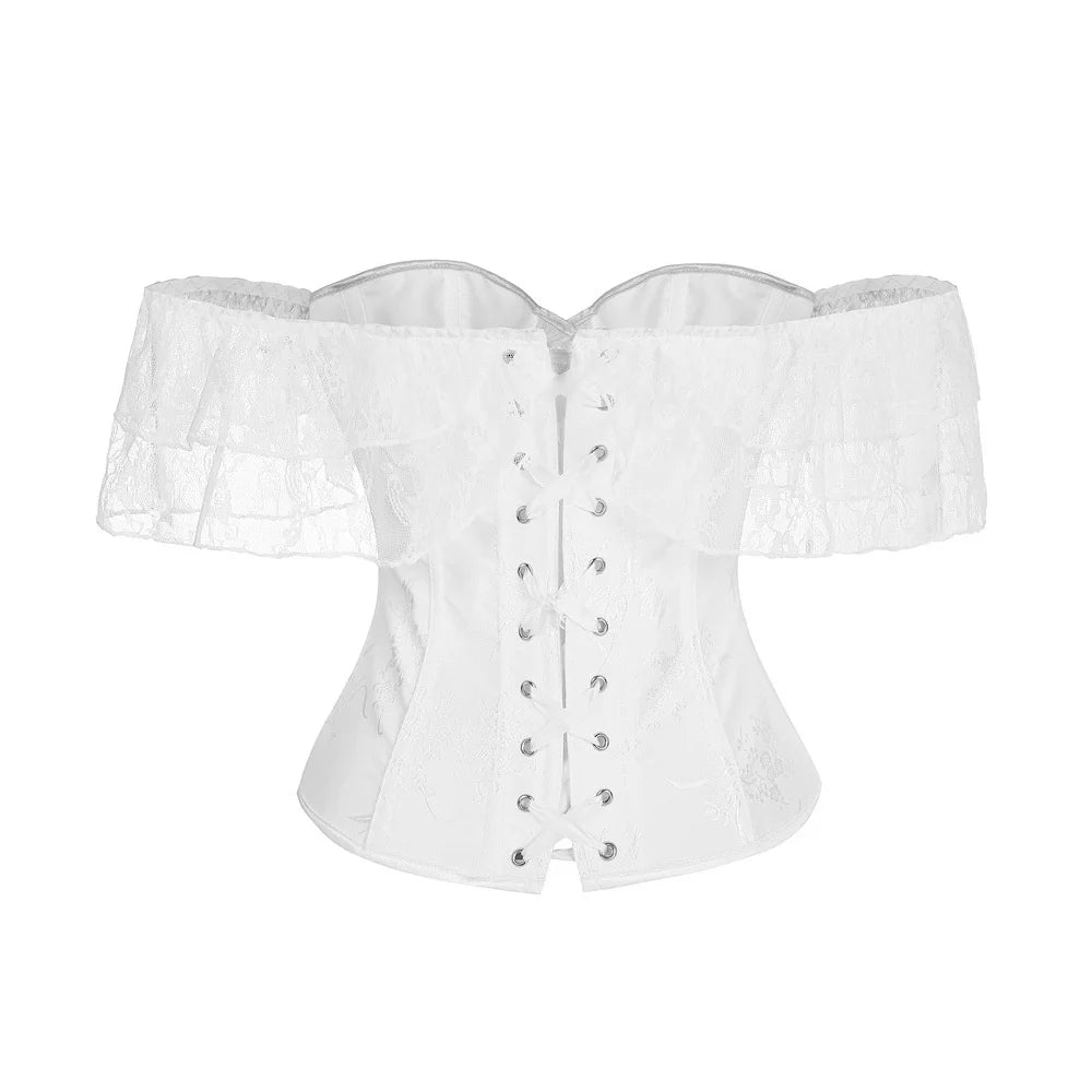 Women Sky Blue Retro Jacquard Corset Tops Lace Short Sleeved One Shoulder Sexy Slimming Shaper Overbust Bustiers Lingerie