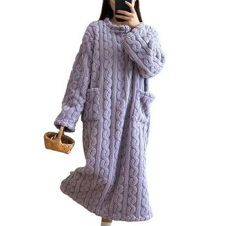 Winter Long Sleeve Double Pocket Flannel Nightgowns Women Loose Solid Sleepwear Jacquard Night Dress Thickened Warm Nightdress