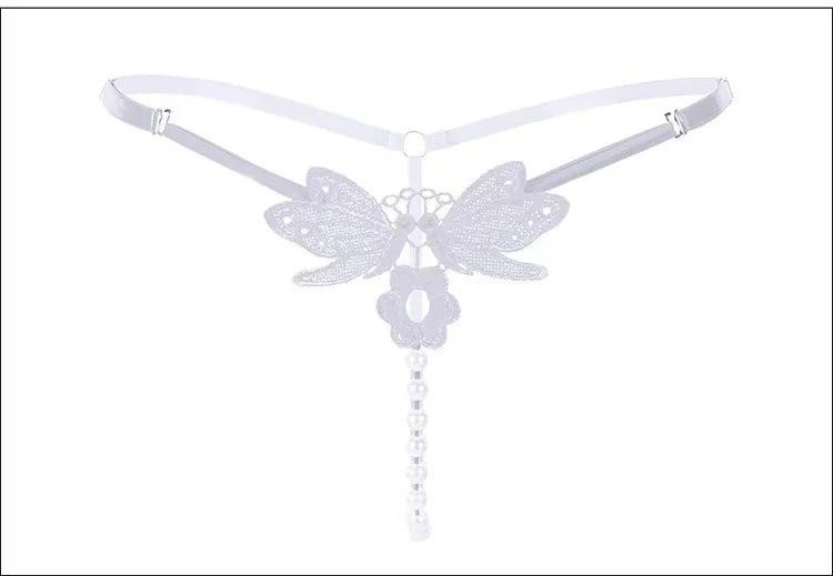 Butterfly Lace Pearl G-String Thong Adjustable Strap Hollow Out T Back Panty Adult Women Seductive Decorative Pearl Intimate