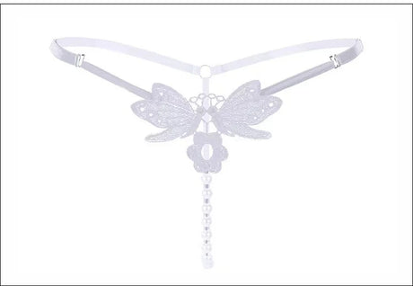 Butterfly Lace Pearl G-String Thong Adjustable Strap Hollow Out T Back Panty Adult Women Seductive Decorative Pearl Intimate