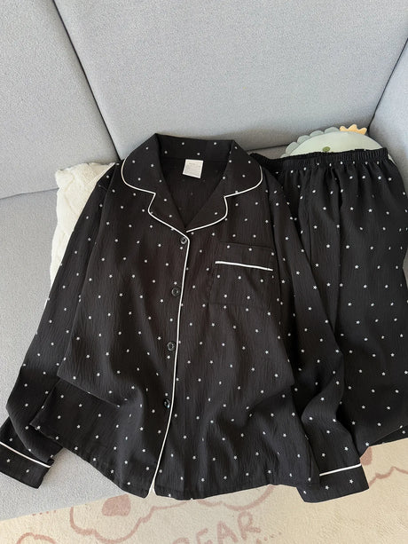 Spring and Autumn Large Black Pajama Women's Long Sleeve Set Sweet Cardigan High End Home Clothes Ladies Nightwear Star Print