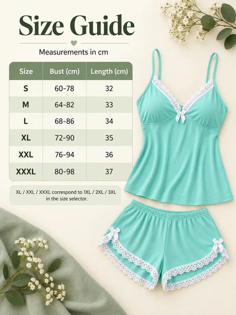 Women's Lace Trim Camisole Shorts Pajama Set, V Neck Bow Detail Sleeveless Two Piece Sleepwear in Solid and Printed Colors