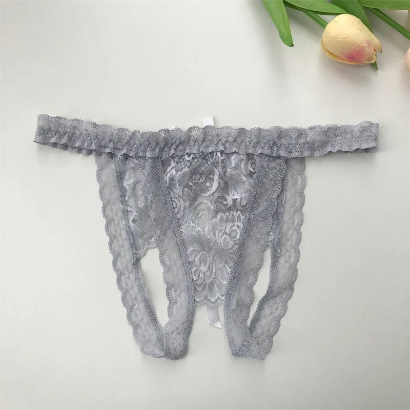 Customized Crystal Name Letters Women's Sexy Breathable Lace Underwear Low Waisted Opening Thong Bikini Erotic G-String Panties