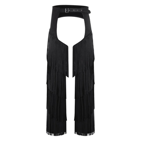Mens Western Cowboy Chaps Fuax Suede Tassel Hollow Out Open Crotch Long Pants Adjustable Buckles Waist Motorcycle Biker Trousers