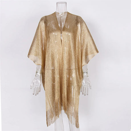 Swimsuit Cover-ups Fashion Tassel Gold Bikini Beach Cover Up Sexy Beach Dress Tunics for Women Summer Wear See Through