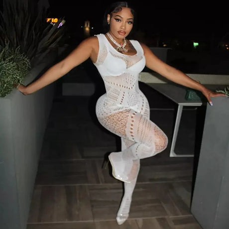 New Fishnet Bodysuits One-piece White Jumpsuit Erotic Exotic Mesh Full Body Stockings Clothing Hot Midnight Party Club Wear
