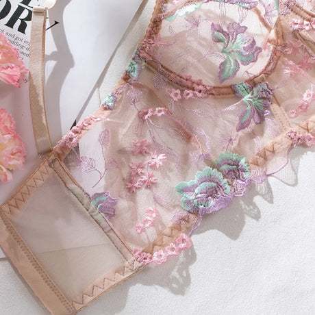 Floral Lingerie Set PushUp Bra Thong Sheer Mesh Underwear Breathable Lace Bralette Kits for Women