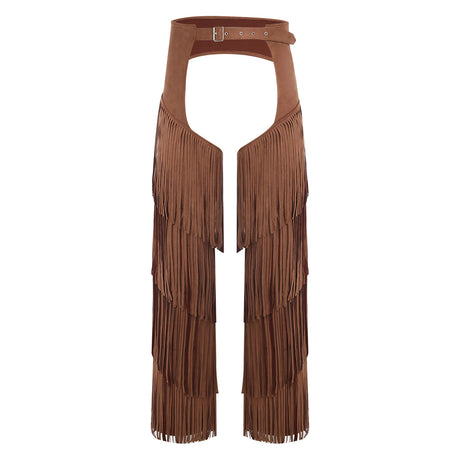 Mens Western Cowboy Chaps Fuax Suede Tassel Hollow Out Open Crotch Long Pants Adjustable Buckles Waist Motorcycle Biker Trousers