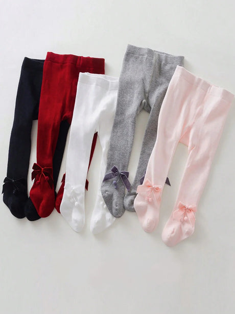 5 Pairs Solid-Color Leggings for Girls with Bownot Decoration,Breathable Pantyhoses Suitable for Daily Wear in Spring and Autumn