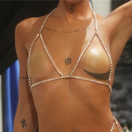 Shiny Rhinestone Simple Underwear Bra and Thong Set Women's Sexy Crystal Body Chain Lingerie Bikini Body Jewelry Accessories