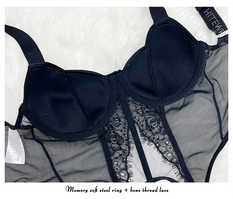 Sexy Lingerie Shiny Rhinestones Bra and Panties Set Charming Erotic Lingerie Soft Steel Ring Push Up Bralette 3 Pcs Lingerie Set
