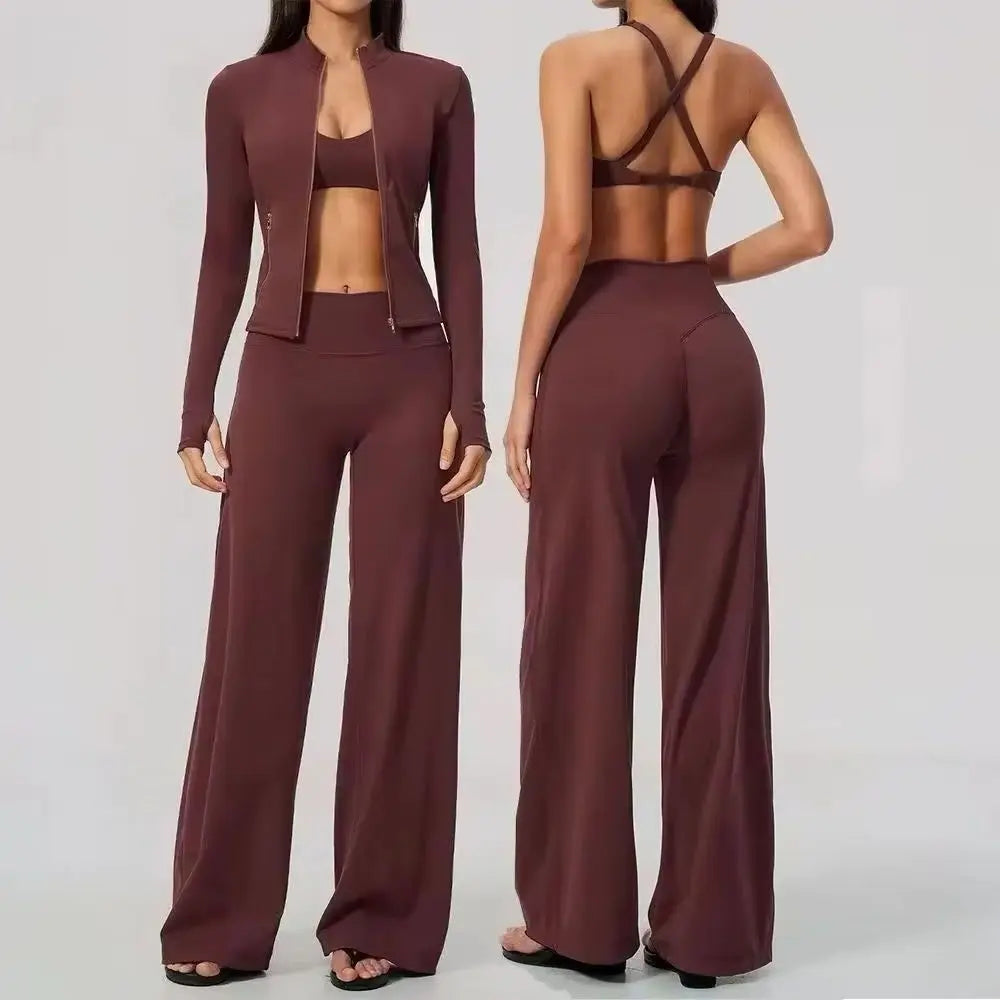 Women's 2/3Pcs Yoga Set Zip Jacket Sports Bra Cross Back Wide Leg Flare Pants Push Up Gym Set Workout Running Fitness Activewear