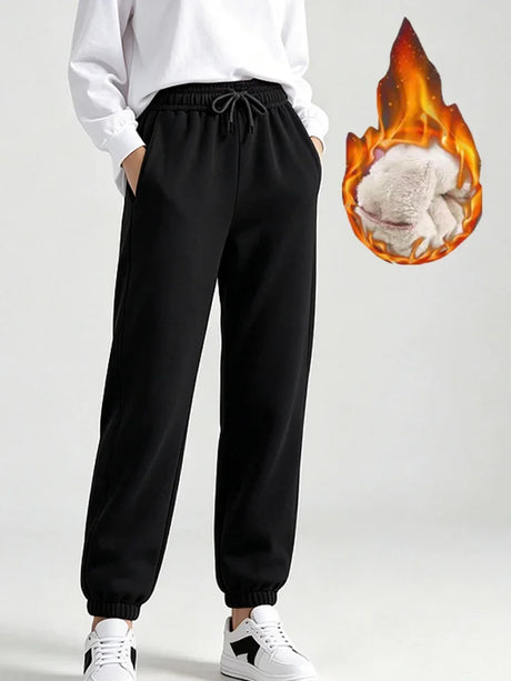 Autumn Winter Warm Solid Color Fleece Women Long Pants Casual Loose Elastic Waist Sports Pants Office Ladies Trousers Women