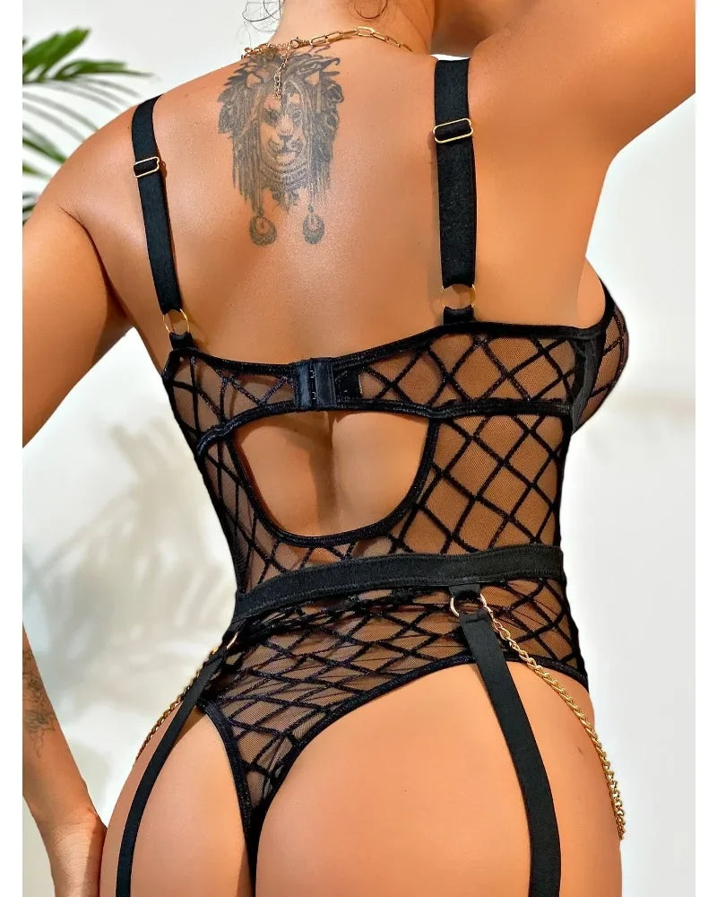 Sexy Women's Lingerie Women's Mesh Suspender Bodysuit Chain Slit Sheer Lace Sexy Suit Maid Erotic Bodywear Sexy Leggings