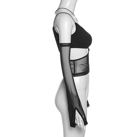 Asymmetrical Cut Out Mesh Crop Top with Sleeves Fairy Grunge Clothes Transparent Camisole Tank Tops