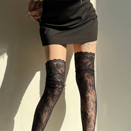 Women Fishnets Stockings Sexy Lace Fishnet Floral Knee High Socks Breathable Hollow-out JK Mesh Lolita Retro Thigh Highs Socks