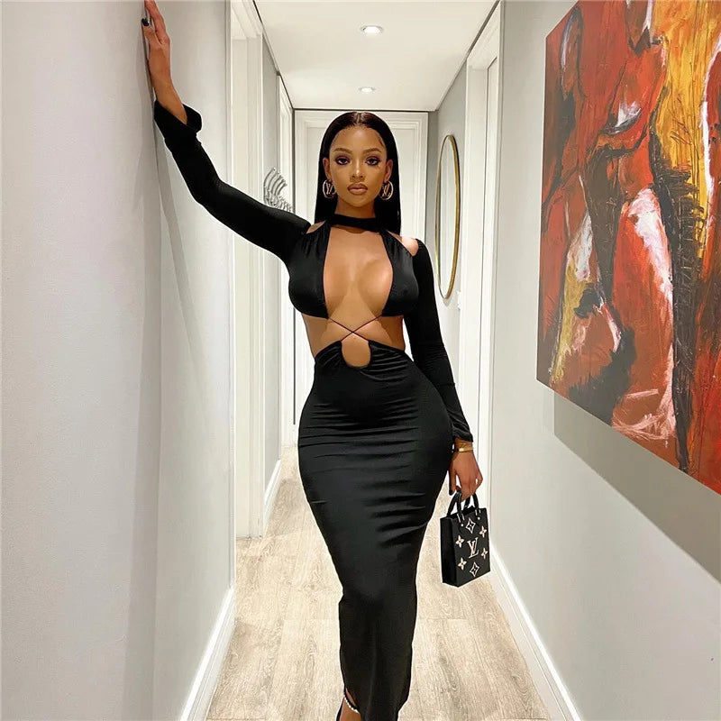 BoozRey Sexy Hipster Midi Dress Women Cleavage Hollow Backless Full Sleeve Solid Party Robe Female Slim High Street Attirewear