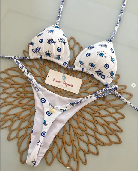 Print Sexy Bikini Sets Halter Lace-up Tops Thongs Beach Style Bathing Suit Y2k Swimsuits Women Beachwear Купальник Женский