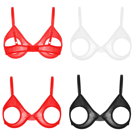 Women's Sheer Mesh Hollow Out Open Nipples Underwired Bra Tops Push Up Unlined Bralette Bra Sexy Brassiere Balconette Underwear