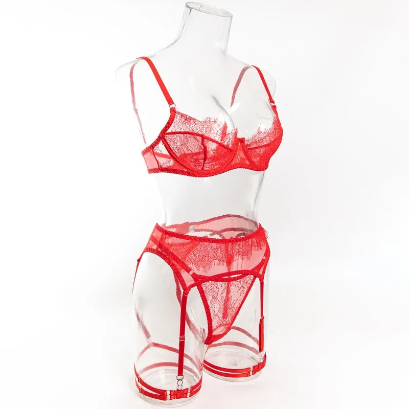 Women's Red Lace Lingerie Set with Underwire Bra High Waist Garter Belt Thong and Thigh Straps Romantic Bedroom Outfit Set 2026
