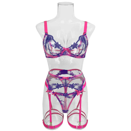 Pink Fancy Lingerie Floral Luxury Lace See Through Underwear Sensual Garter Belt Set Contrast Color Fairy Outfit