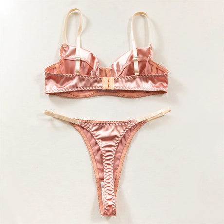 Krasapt Romantic Satin Lingerie 2 Pcs Sets Sexy Patchwork Bras And Thongs Underwear Suits Wedding Night Erotic Intimate Outfits