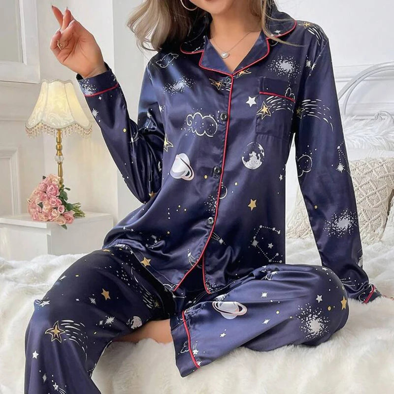 Women Satin Pajama Casual Sleepwear Home Clothes Suit Autumn Long Sleeve Button Up Top & Pants Nightwear Loungewear Pyjama Femme