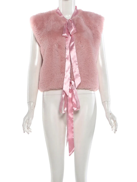 Cutenew Elegant Tank Tops Woman Autumn Trend Furry Comfortable o-Neck Bow Decoration Sweet Girl Street Fashion Y2K Style Vest