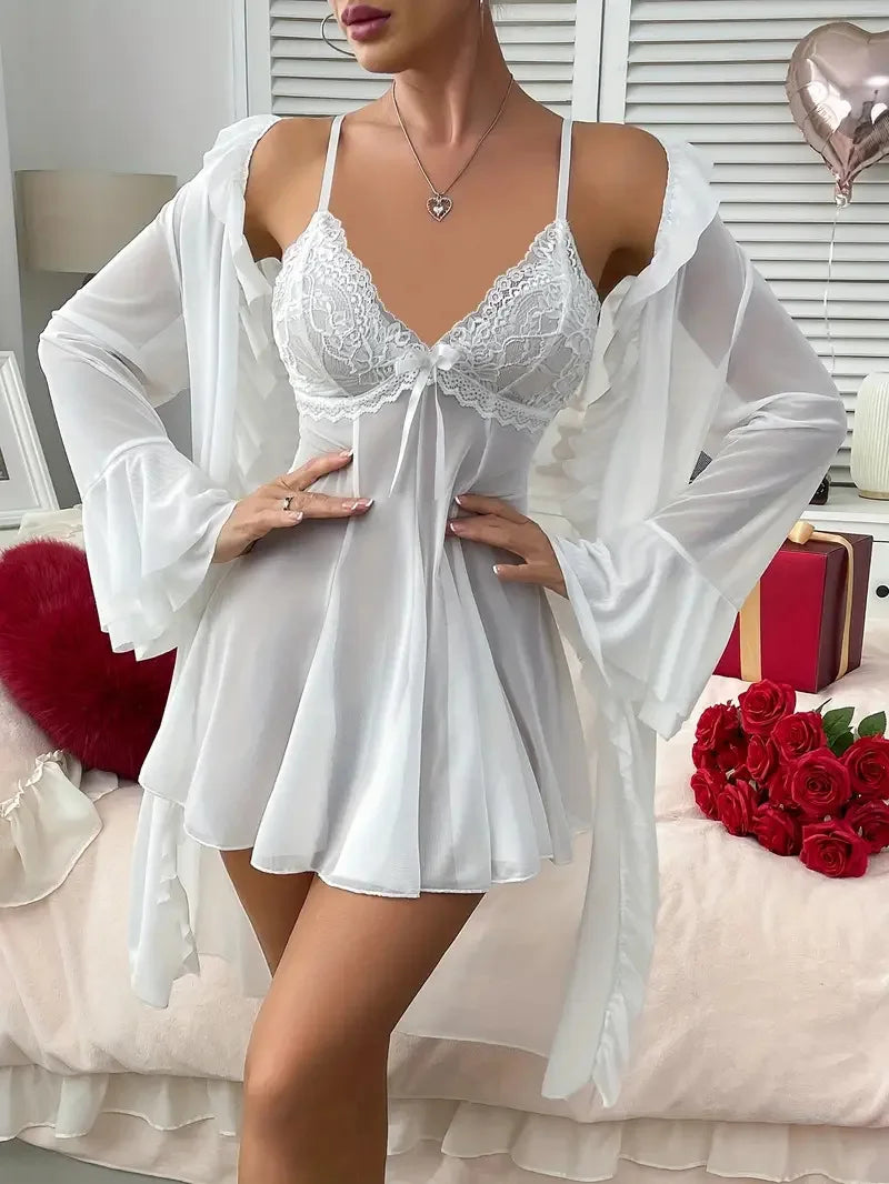 Women Sexy Robe Lingerie Set Lace V-neck Cami Dress with Transparent Mesh Night Gown Robe Nightwear Female Leisure Sleepwear